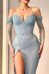 Amazing Long Mermaid Off-the-shoulder Split Lace Sequined Prom Dress With Long Sleeves-misshow.com