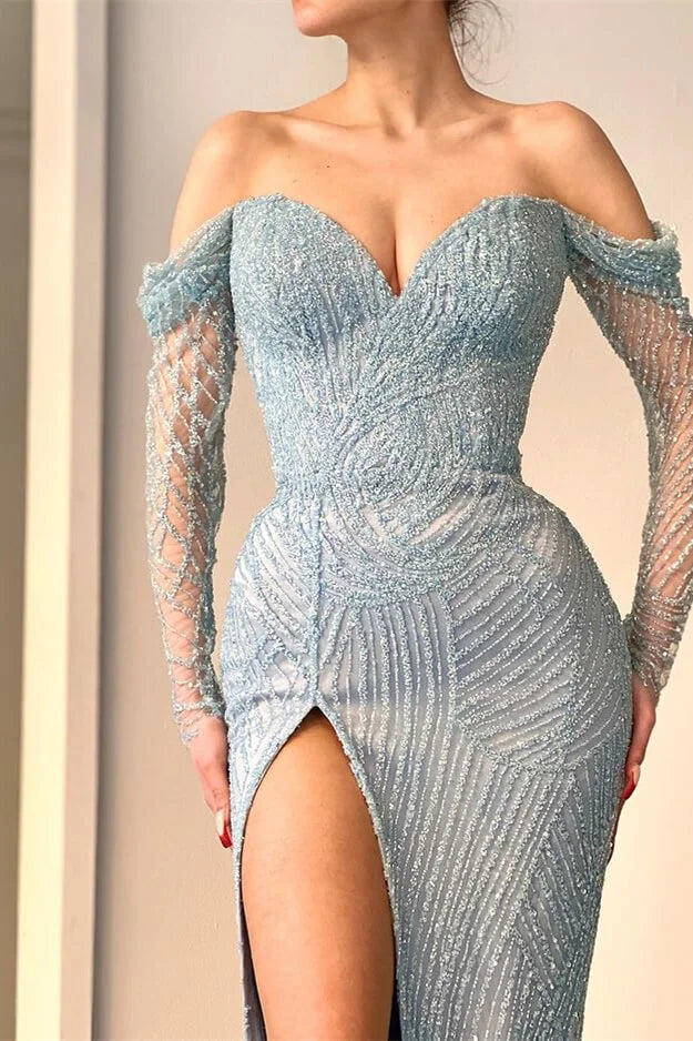 Amazing Long Mermaid Off-the-shoulder Split Lace Sequined Prom Dress With Long Sleeves-misshow.com