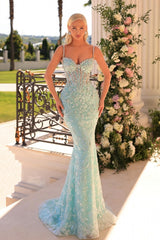 Amazing Long Mermaid Spaghetti Straps Lace Beading Sleeveless Prom Dress