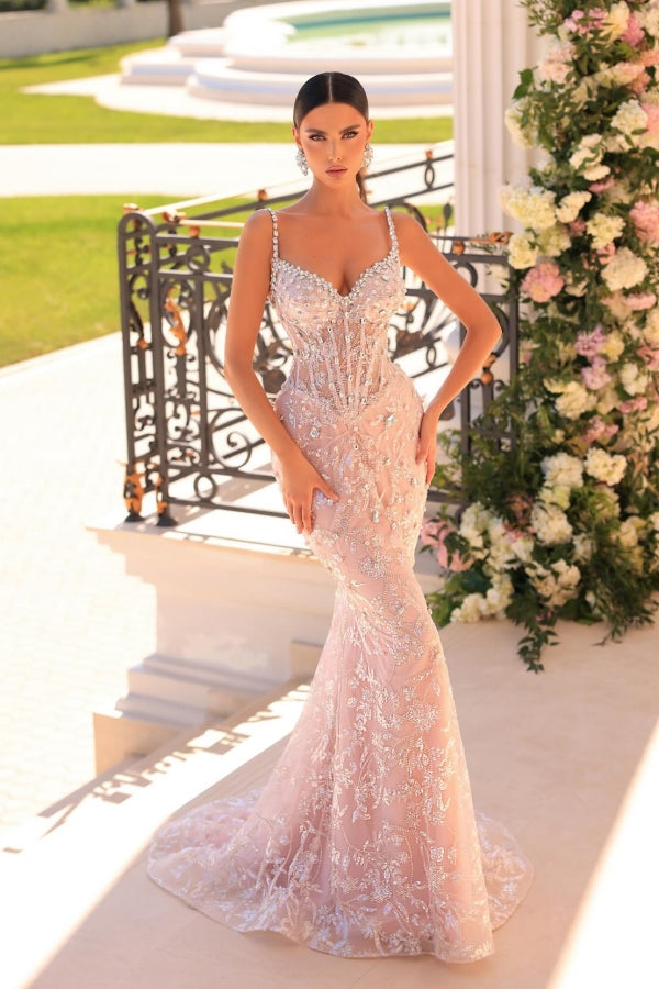 Amazing Long Mermaid Spaghetti Straps Lace Beading Sleeveless Prom Dress