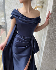 Amazing Long Navy Off-the-shoulder Mermaid Prom Dress With Slit-misshow.com