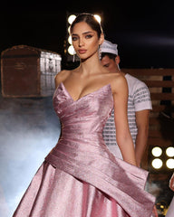 Amazing Long Pink A-line V-neck Sleeveless Glitter Prom Dress-misshow.com