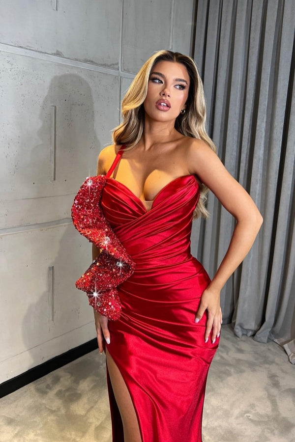 Amazing Long Red One Shoulder Sequined Mermaid Prom Dress with Slit