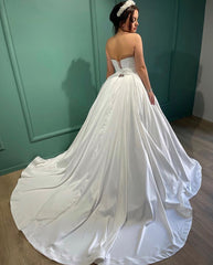 Amazing Long White A-line Strapless Wedding Dress With Pearls-misshow.com