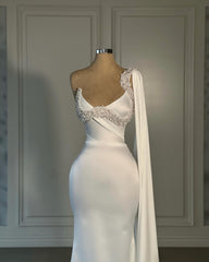 Amazing Mermaid Satin One Shoulder Sleeveless White Wedding Dress With Rhinestone