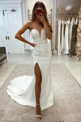 Amazing Sweetheart Sleeveless Sequined Lace Wedding Dress With Slit-misshow.com