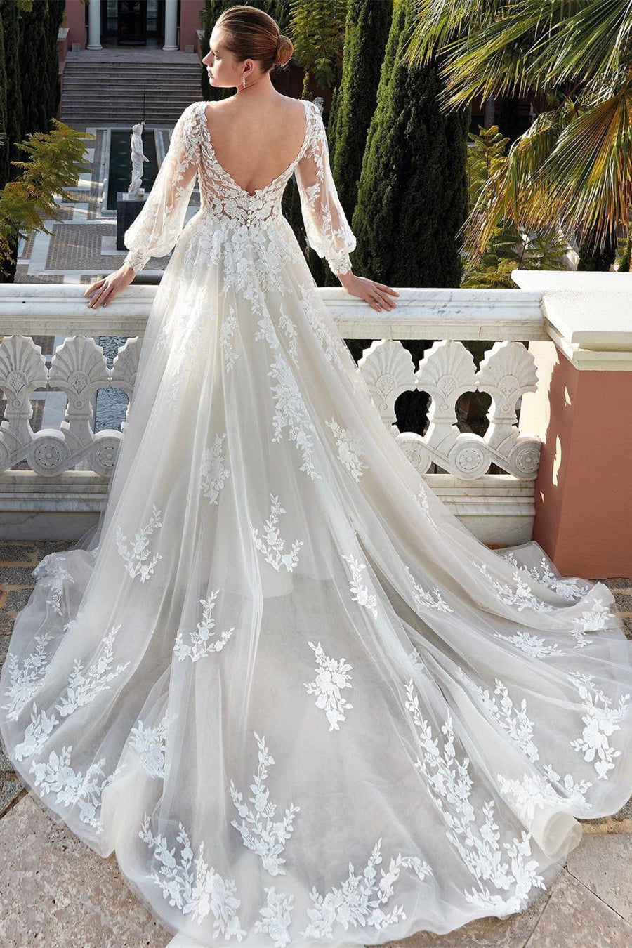 A Line Lace Wedding Dress Long Sleeve Wedding Dress Backless