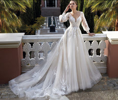 Amazing V-neck Backless Long Sleeves A-line Appliques Wedding Dress-misshow.com