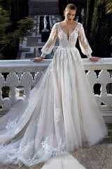 Amazing V-neck Backless Long Sleeves A-line Appliques Wedding Dress-misshow.com