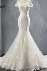 Applique Off Shoulder Lace-up Mermaid Elegant Wedding Dresses