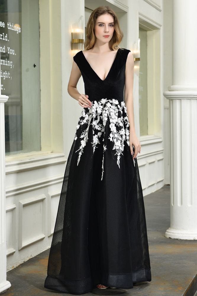 MISSHOW offers Attractive Black V-neck Aline Prom Dress White Floral Appliques Tulle Party Dress at a good price from Black,Velvet to A-line Floor-length them. Stunning yet affordable Sleeveless Prom Dresses,Evening Dresses,Homecoming Dresses,Quinceanera dresses.