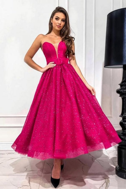 Attractive Fuchsia A-line Sweetheart Strapless Sequined Prom Dress