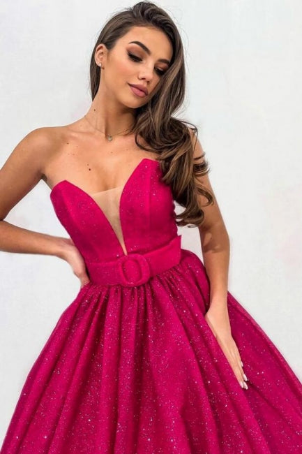 Attractive Fuchsia A-line Sweetheart Strapless Sequined Prom Dress