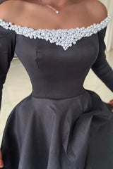 Attractive Long Black Off-the-shoulder A-line Satin Split Front Long Sleeves Prom Dress with Pearls