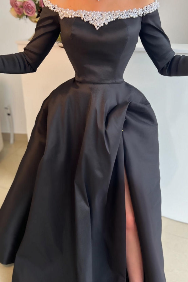 Attractive Long Black Off-the-shoulder A-line Satin Split Front Long Sleeves Prom Dress with Pearls