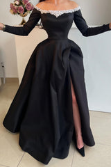 Attractive Long Black Off-the-shoulder A-line Satin Split Front Long Sleeves Prom Dress with Pearls