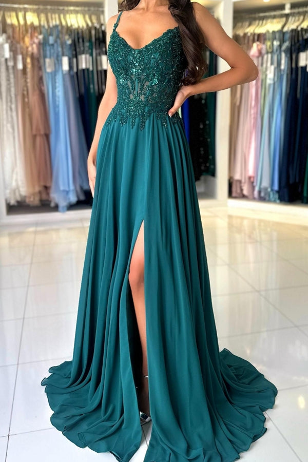 Attractive Long Green A-line Spaghetti Straps Lace Prom Dress with Slit