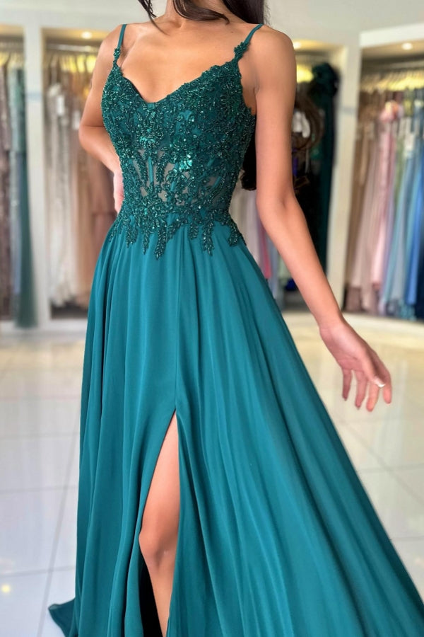 Attractive Long Green A-line Spaghetti Straps Lace Prom Dress with Slit