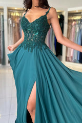 Attractive Long Green A-line Spaghetti Straps Lace Prom Dress with Slit