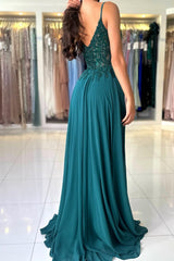 Attractive Long Green A-line Spaghetti Straps Lace Prom Dress with Slit