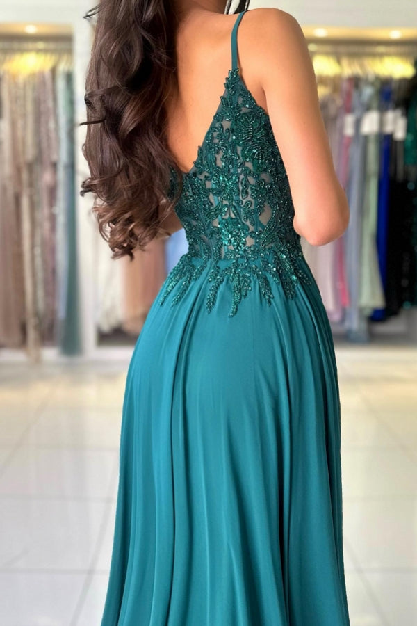 Attractive Long Green A-line Spaghetti Straps Lace Prom Dress with Slit