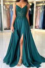 Attractive Long Green A-line Spaghetti Straps Lace Prom Dress with Slit