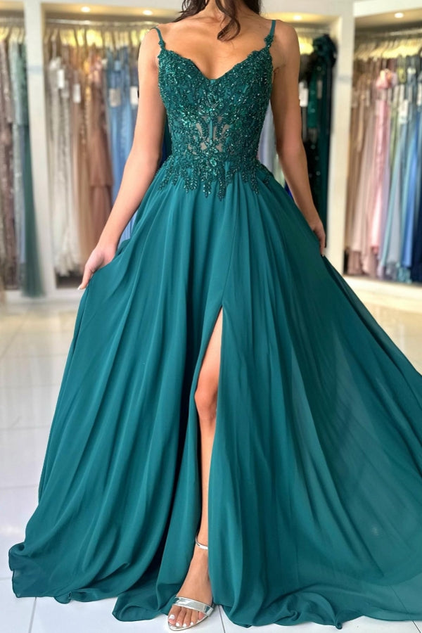 Attractive Long Green A-line Spaghetti Straps Lace Prom Dress with Slit