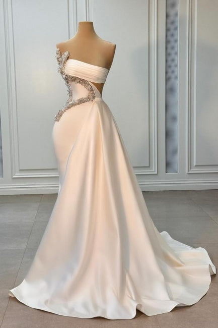 Attractive Long Ivory Strapless Beading Satin Sleeveless Prom Dress