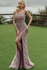 Attractive Long Mermaid Strapless Lace Glitter Sleeveless Prom Dress with Slit