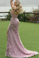 Attractive Long Mermaid Strapless Lace Glitter Sleeveless Prom Dress with Slit