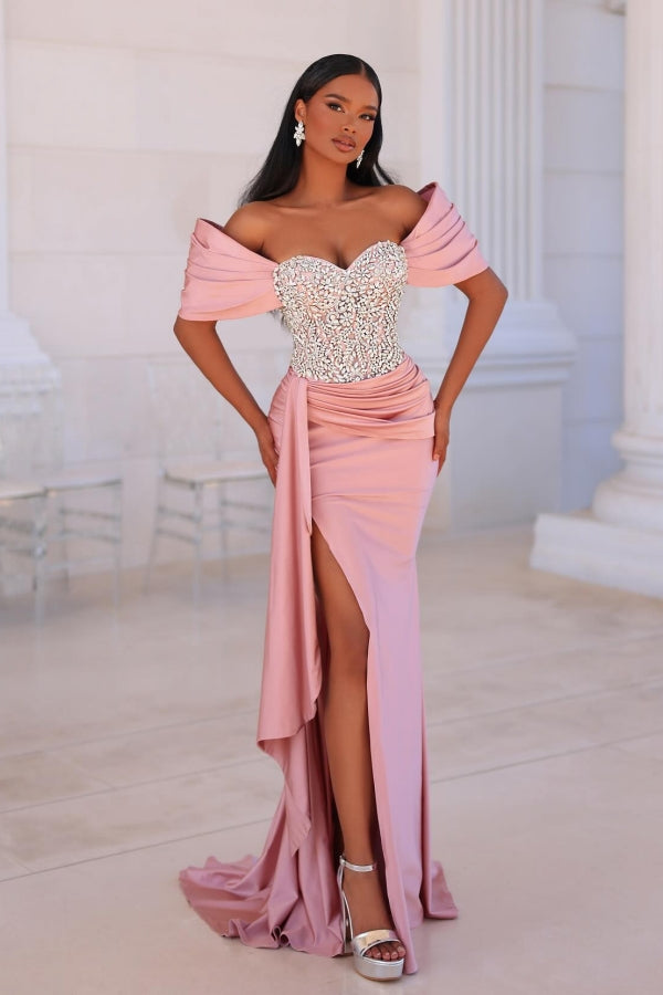 Attractive Long Pink Mermaid Off-the-shoulder Lace Beading Prom Dress with Slit