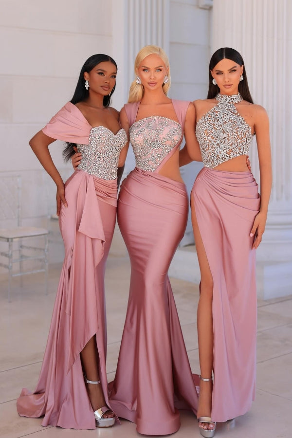 Attractive Long Pink Mermaid Off-the-shoulder Lace Beading Prom Dress with Slit