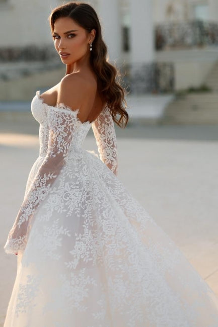 Attractive Long White A-line Off-the-shoulder Lace Wedding Dress with Long Sleeves