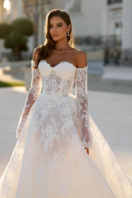 Attractive Long White A-line Off-the-shoulder Lace Wedding Dress with Long Sleeves