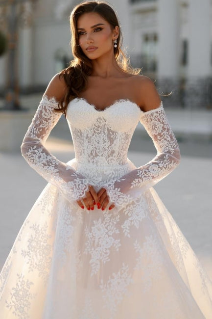 Attractive Long White A-line Off-the-shoulder Lace Wedding Dress with Long Sleeves