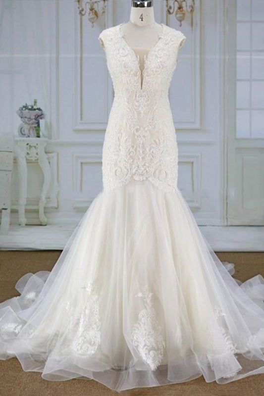 Awesome Appliques Tulle Mermaid Elegant Wedding Dresses