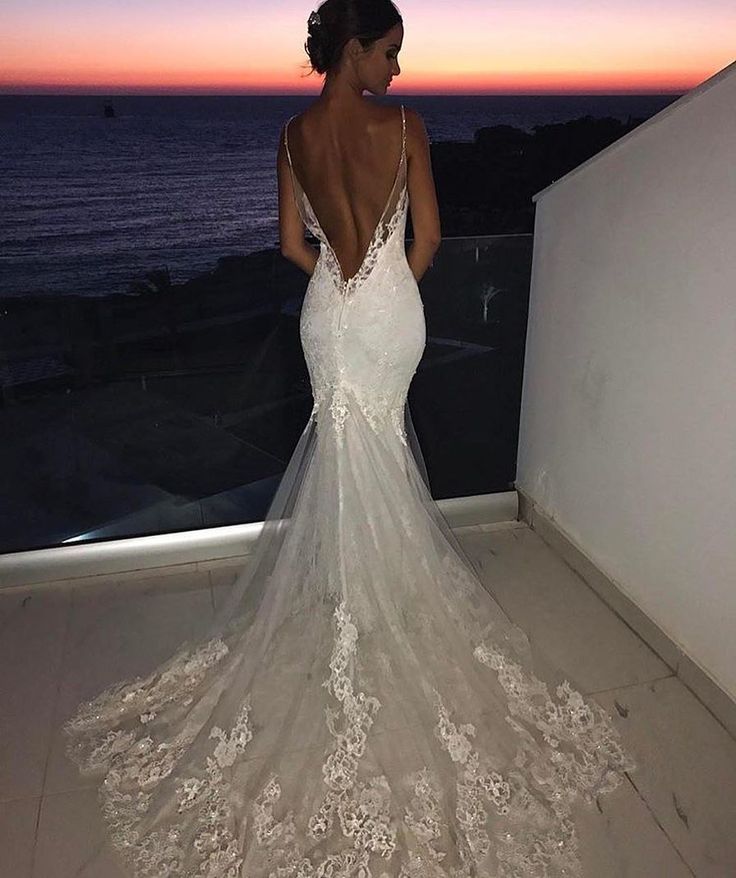 Backless Wedding Dress Lace Mermaid Beautiful Spaghetti-Straps