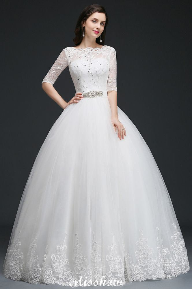 This elegant Jewel Tulle wedding dress with Appliques could be custom made in plus size for curvy women. Plus size Half-Sleeves Ball Gown bridal gowns are classic yet cheap.