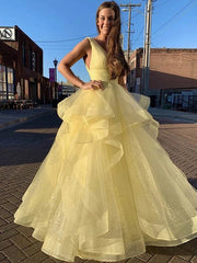 Ball Gown Floor-Length V-neck Ruffles Sleeveless Organza Prom Dresses