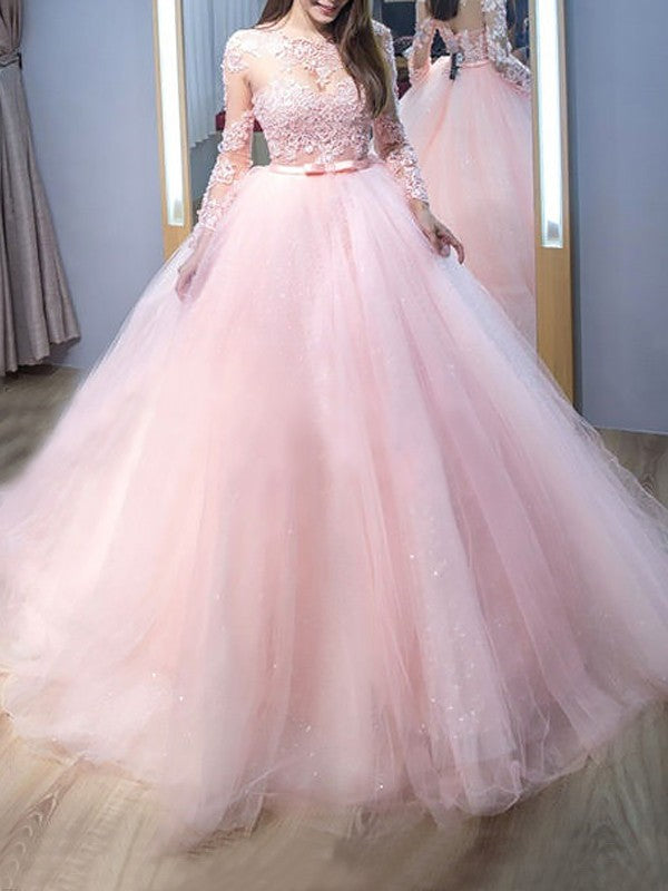 Ball Gown Jewel Long Sleeves Lace Tulle Prom Dresses