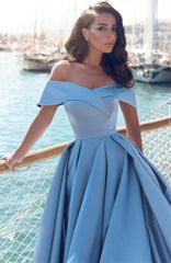 Ball Gown Off-shoulder Floor Length Blue Prom Dresses-misshow.com