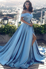 Ball Gown Off-shoulder Floor Length Blue Prom Dresses-misshow.com