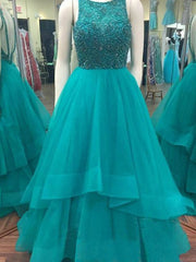 Ball Gown Scoop Sleeveless Floor-Length Beading Organza Prom Dresses