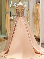 Ball Gown Sleeveless Bateau Beading Satin Prom Dresses