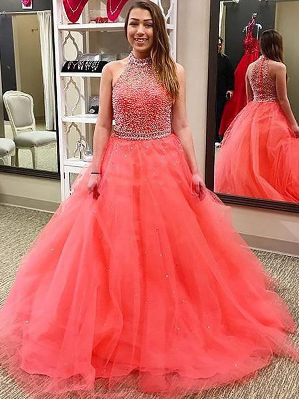 Ball Gown Sleeveless Halter Beading Floor-Length Tulle Prom Dresses