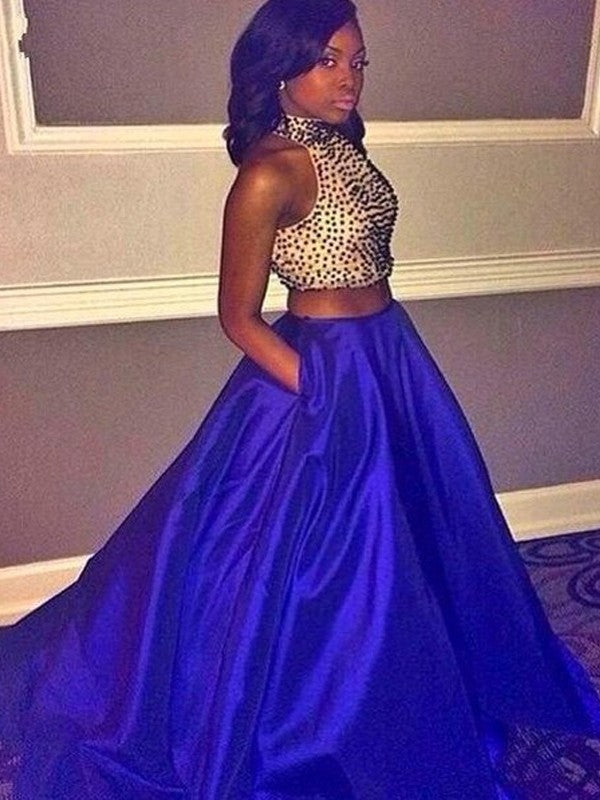 Ball Gown Sleeveless Halter Beading Taffeta Two Piece Prom Dresses