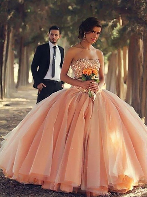 Ball Gown Sleeveless Strapless Beading Floor-Length Tulle Prom Dresses