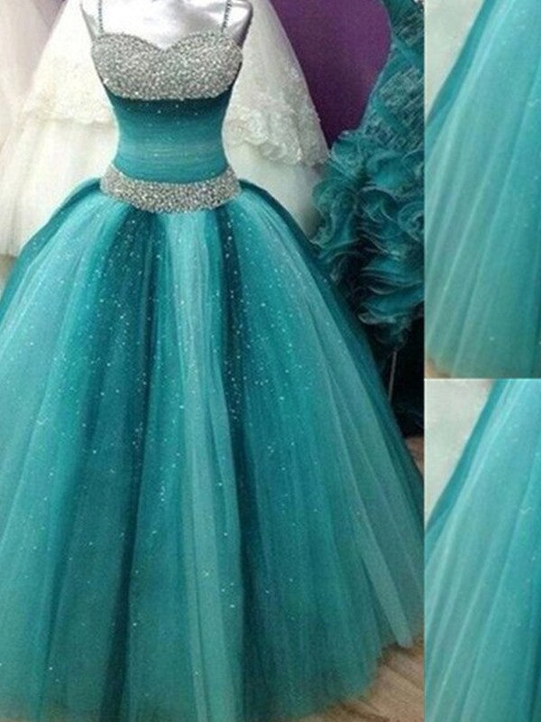 Ball Gown Spaghetti Straps Sleeveless Beading Tulle Floor-Length Prom Dresses