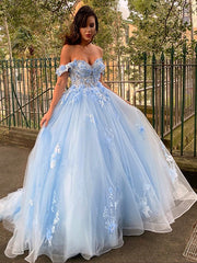 Ball Gown Tulle Applique Off-the-Shoulder Sleeveless Prom Dresses