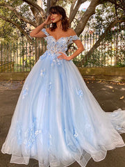 Ball Gown Tulle Applique Off-the-Shoulder Sleeveless Prom Dresses